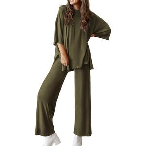 Prettygarden Army Green 2 Piece Wide Leg & Top Set